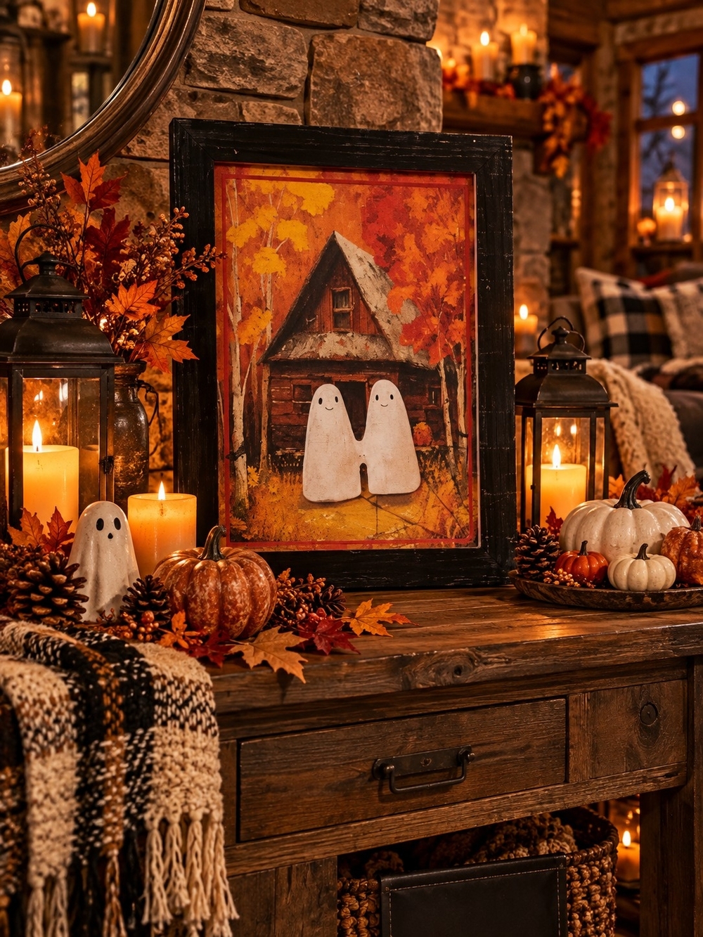 Cowboys Cabin Autumn Cottage Ghost Wall Art - Orange